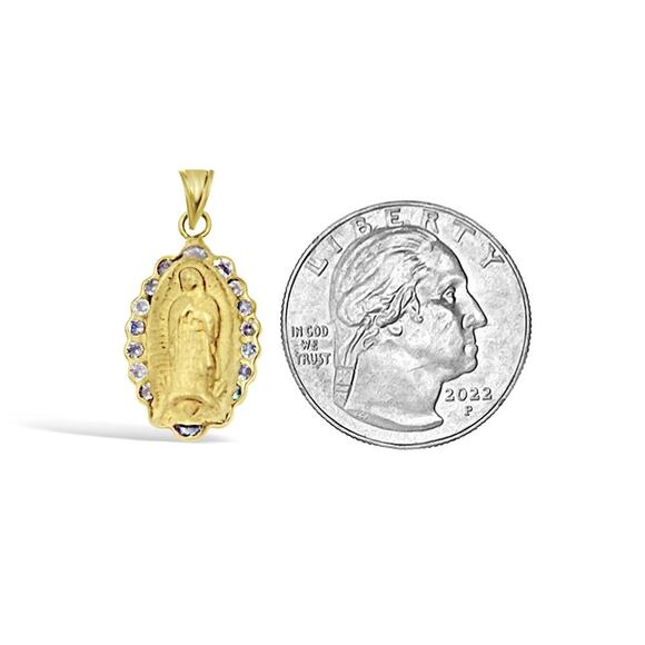 14K Yellow Gold Virgin Mary Lady Guadalupe Oval Pendant CZ Accents 1 inch - Picture 2 of 2